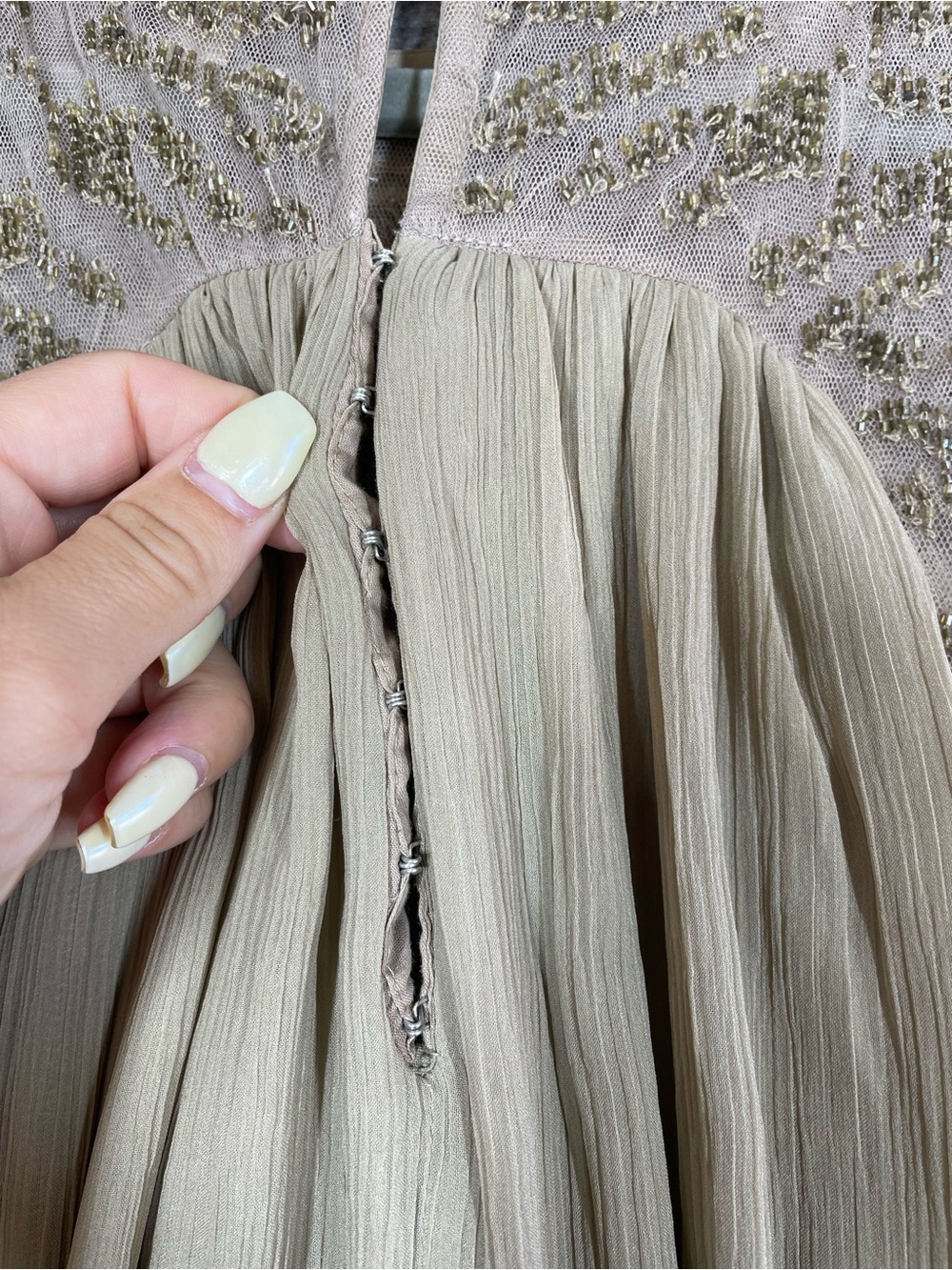 Anthropologie Moulinette Soeurs Beaded Chiffon Dress 6 Taupe Grecian Boho Tunic - Picture 12 of 16
